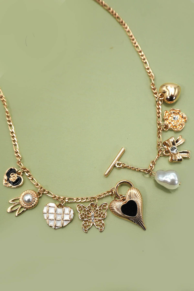 CHARM NECKLACE-HEART BOW PEARL FLOWER | 80N92315: GOLD