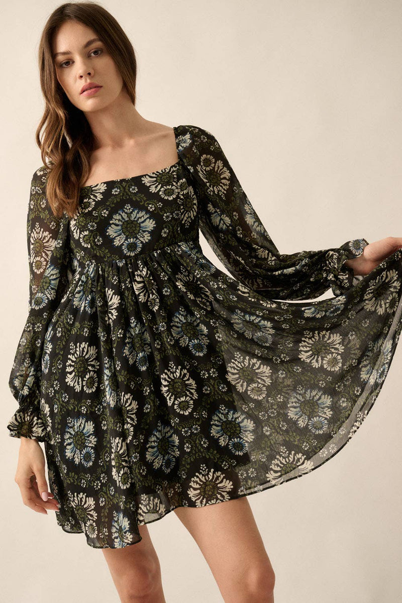 Floral Square-Neck Sheer Empire-Waist Mini Dress