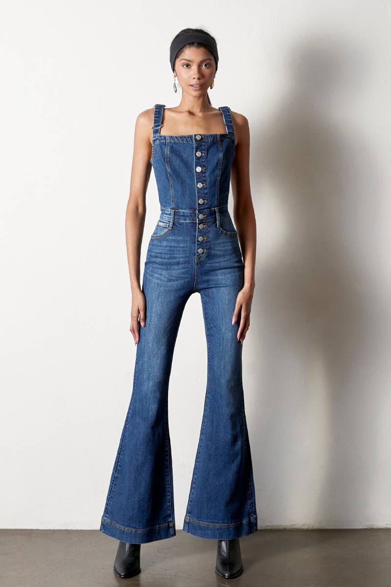 Purity Dark Front Button Jumpsuit Flare Jeans