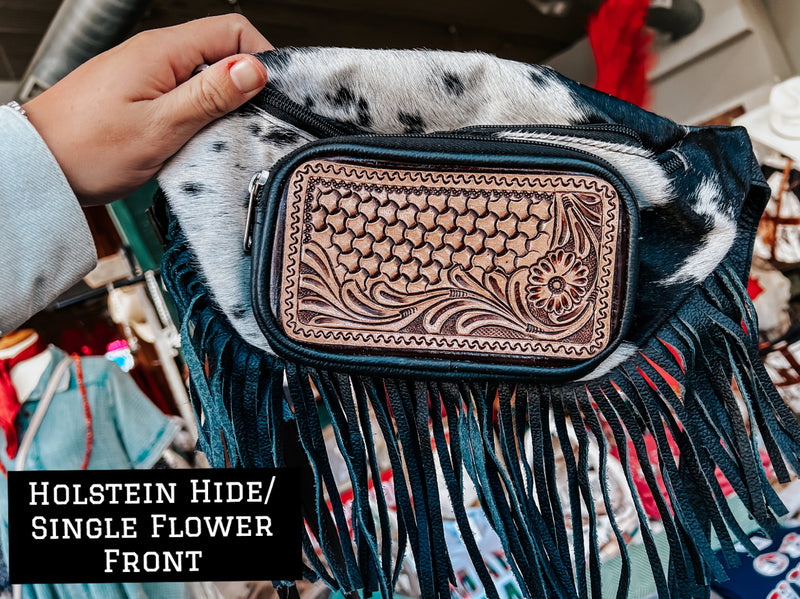 Cowhide and Tooled Leather Fringe Fanny Packs