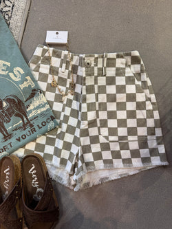 Retro Racing Checkered Shorts Taupe
