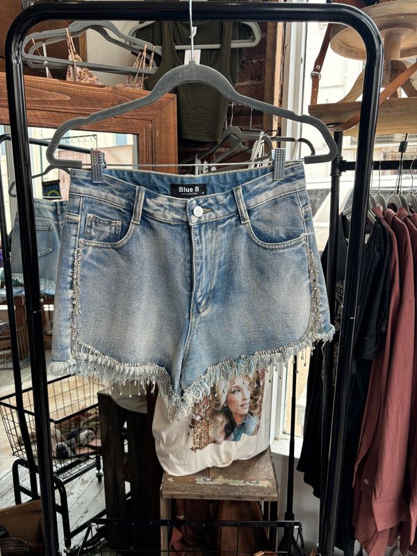 Light Wash Hanging rhinestone shorts