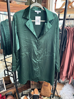 Green satin button up