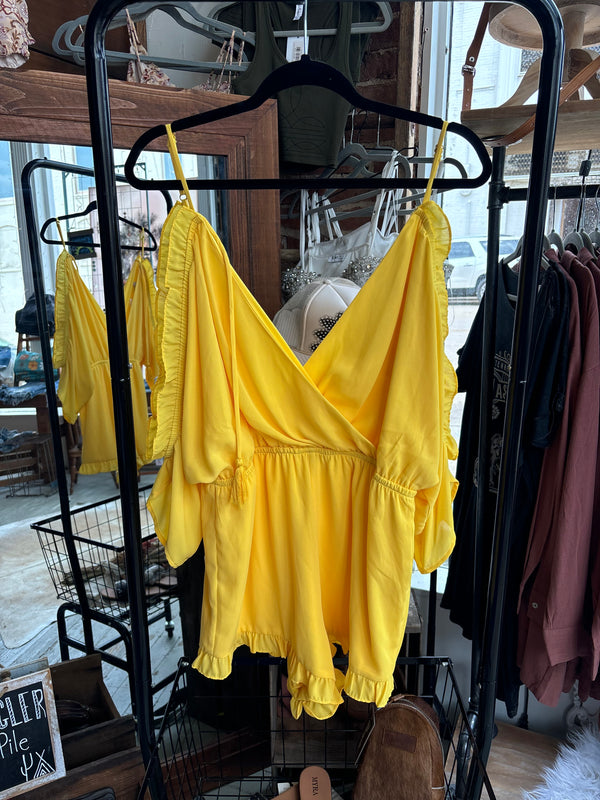 Yellow off the shoulder romper