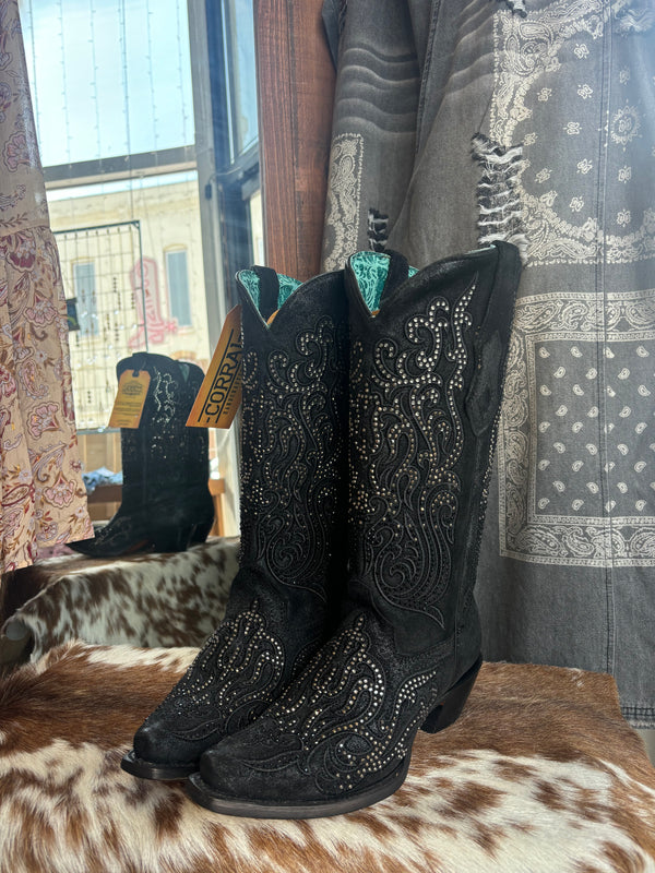 Black Embroidery & Crystals Boots