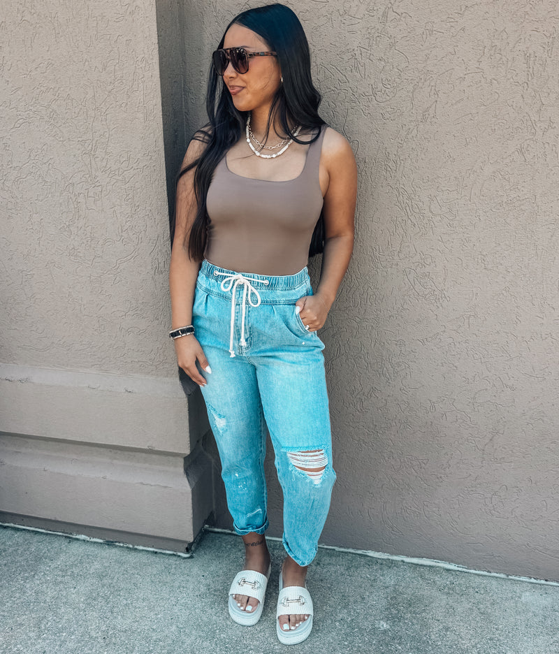 Super High Rise Elastic Waistband Distressed Slouch Jeans