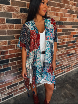 Cowgirl Floral Print Kimono: Navy