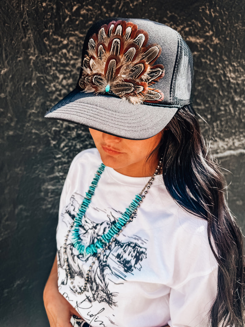 FEATHER Trucker Hat Summer Western Cowgirl Black