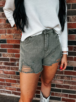 Olive Distressed Denim Shorts