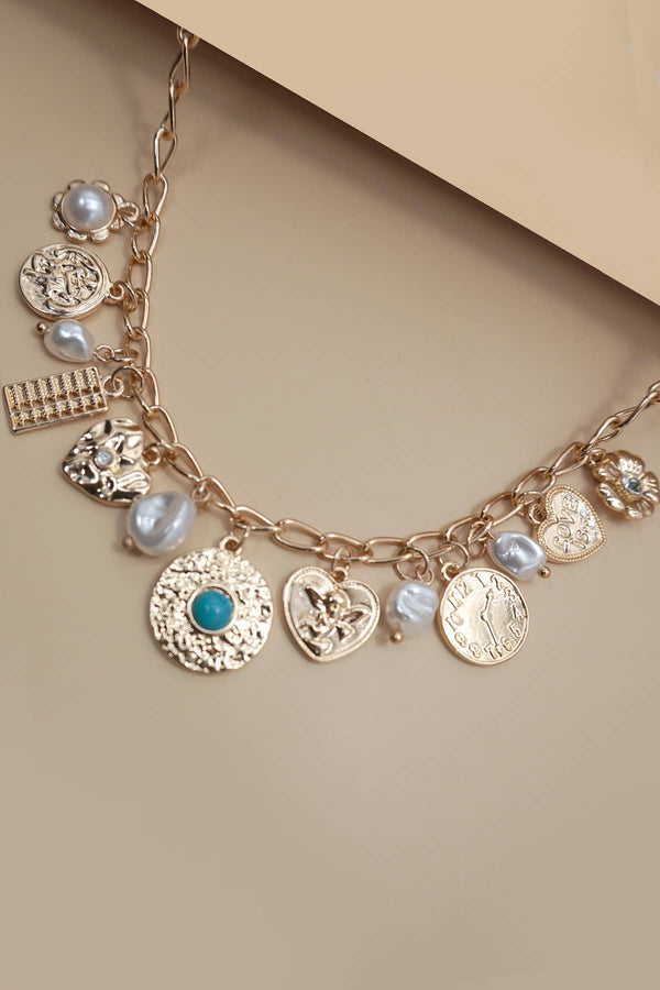 Turquoise and Heart Charm Necklace