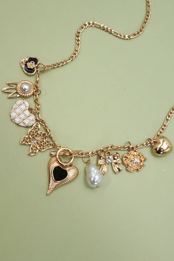 CHARM NECKLACE-HEART BOW PEARL FLOWER | 80N92315: GOLD