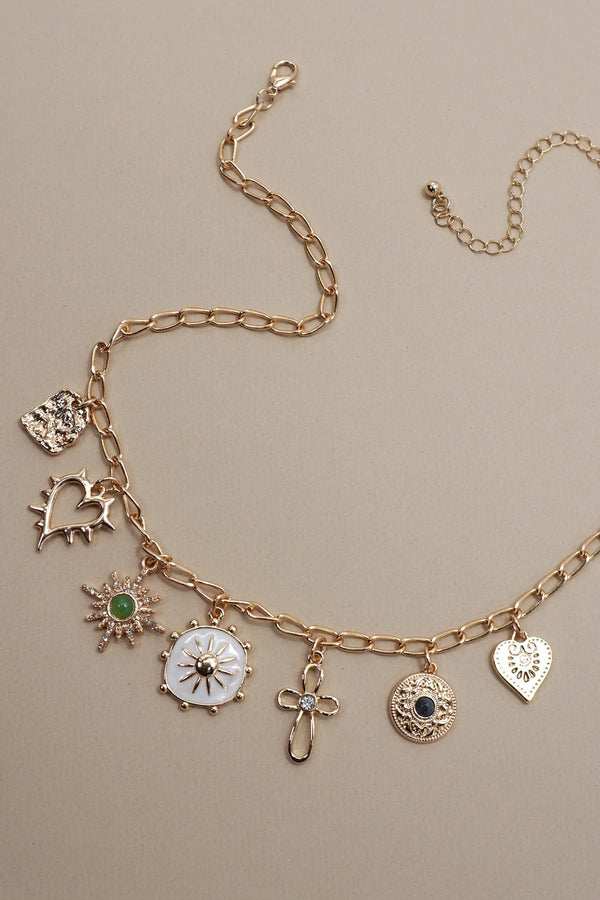 CHARM NECKLACE-HEART CROSS SUNBURST STONE
