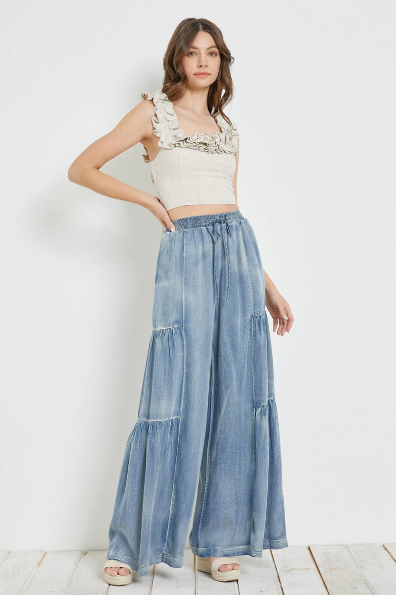 RUFFLED SIDE WASHED DENIM PANTS