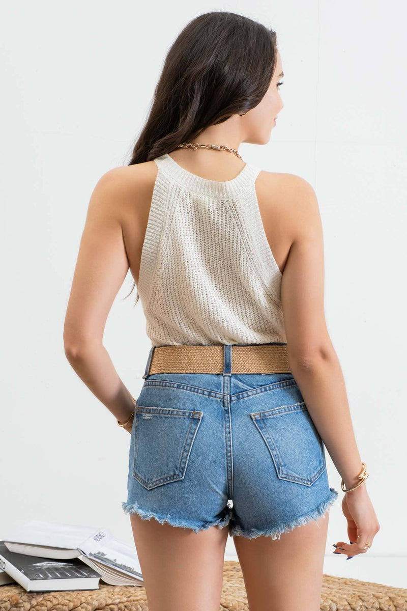 SLEEVELESS SHEER KNIT TOP: OATMEAL