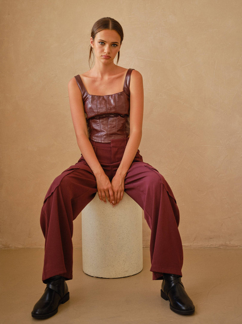 Rimon Shiny Faux Leather Cropped Top