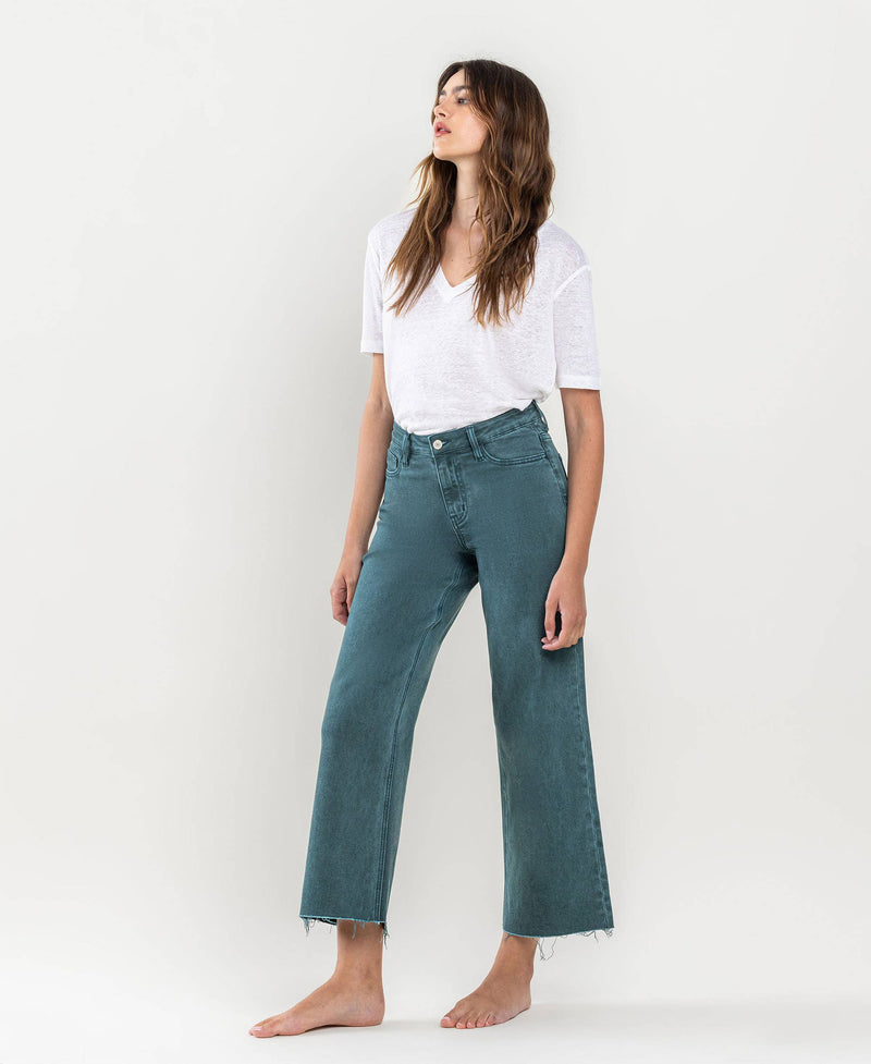 HIGH RISE CROP WIDE LEG JEANS-FORREST GREEN