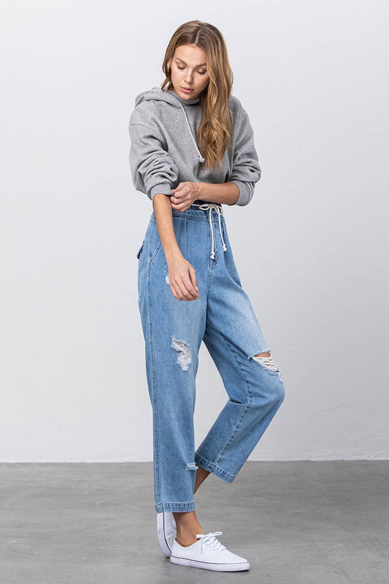 Super High Rise Elastic Waistband Distressed Slouch Jeans