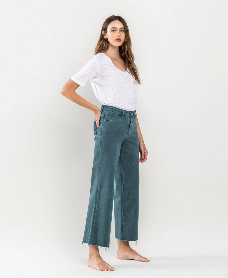 HIGH RISE CROP WIDE LEG JEANS-FORREST GREEN