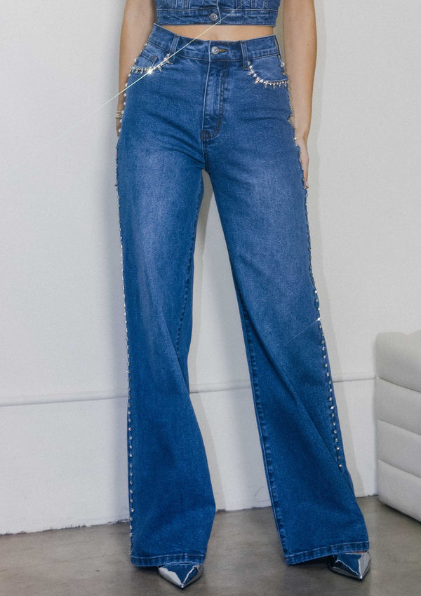 Rhinestone High-Rise Wide Leg Jeans