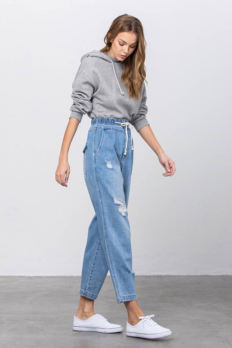 Super High Rise Elastic Waistband Distressed Slouch Jeans