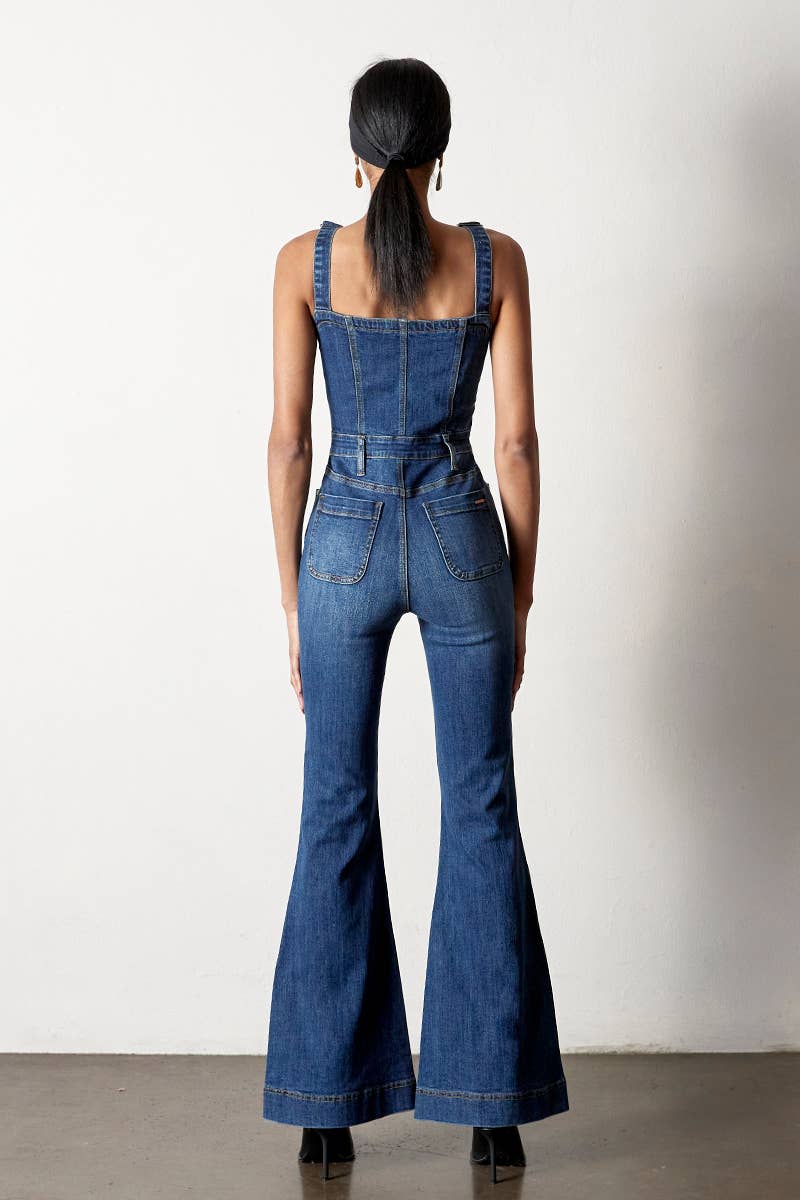 Purity Dark Front Button Jumpsuit Flare Jeans