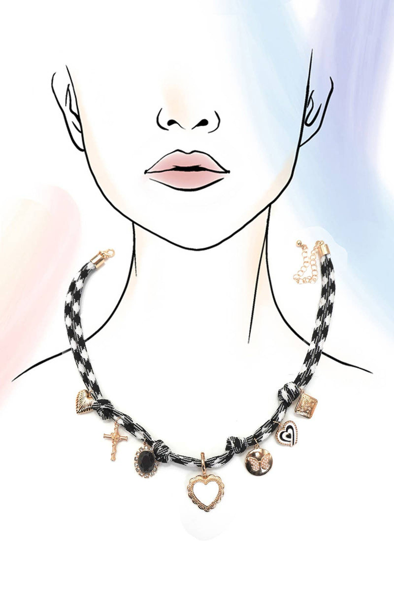 DOUBLE CORD CHARM NECKLACE - HEART CROSS STONE | 80N92318: GOLD