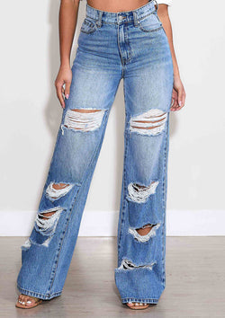 High-Rise Distressed Wide Leg Jeans