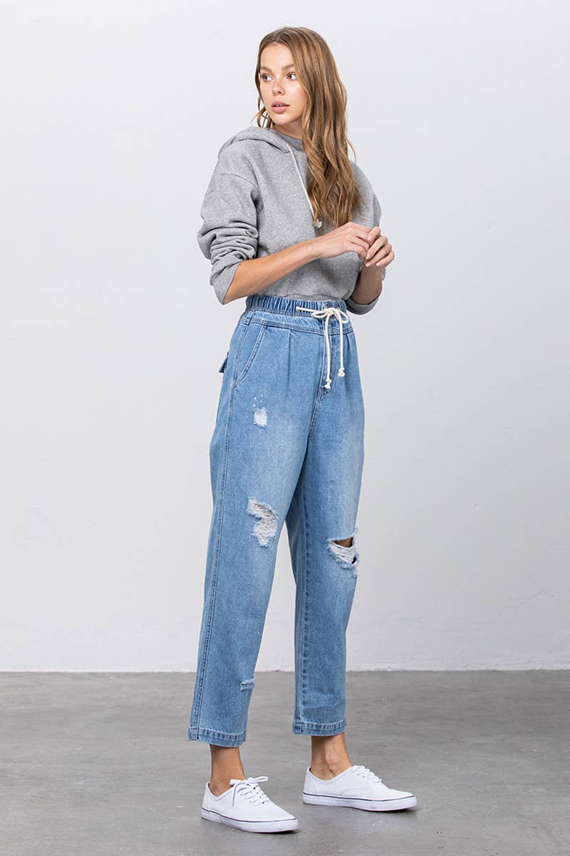 Super High Rise Elastic Waistband Distressed Slouch Jeans