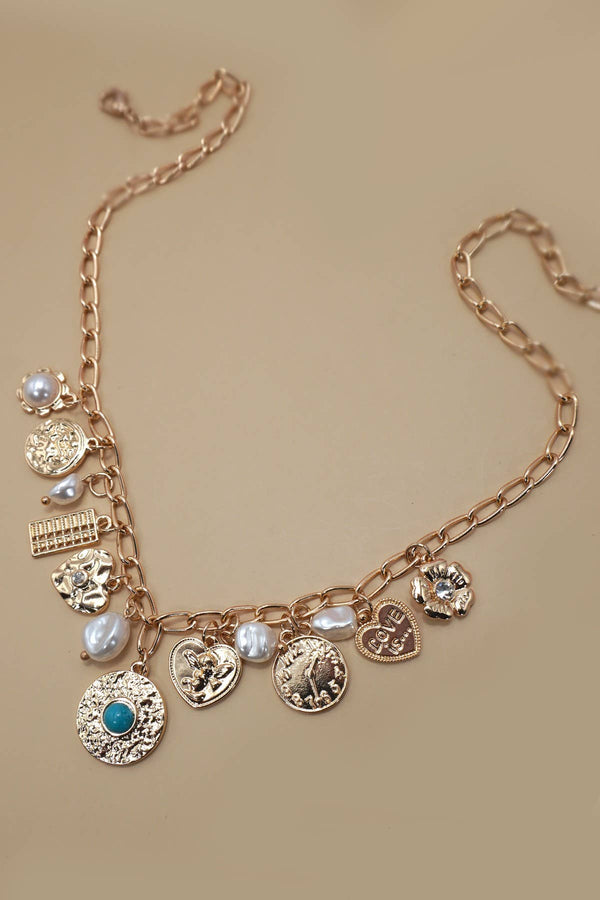 Turquoise and Heart Charm Necklace