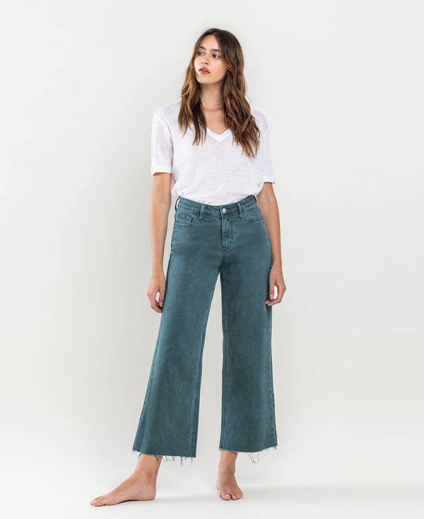 HIGH RISE CROP WIDE LEG JEANS-FORREST GREEN