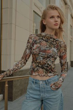 Floral Mesh Long-Sleeve Mock Neck Top