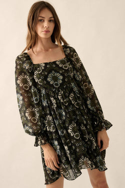 Floral Square-Neck Sheer Empire-Waist Mini Dress