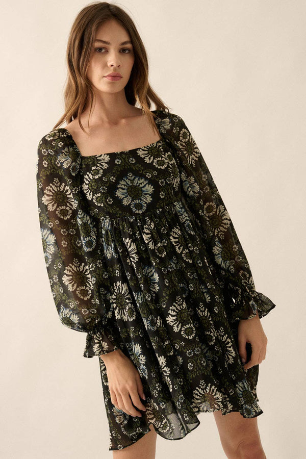 Floral Square-Neck Sheer Empire-Waist Mini Dress