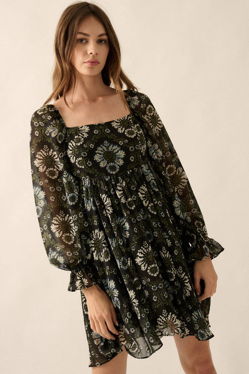 Floral Square-Neck Sheer Empire-Waist Mini Dress
