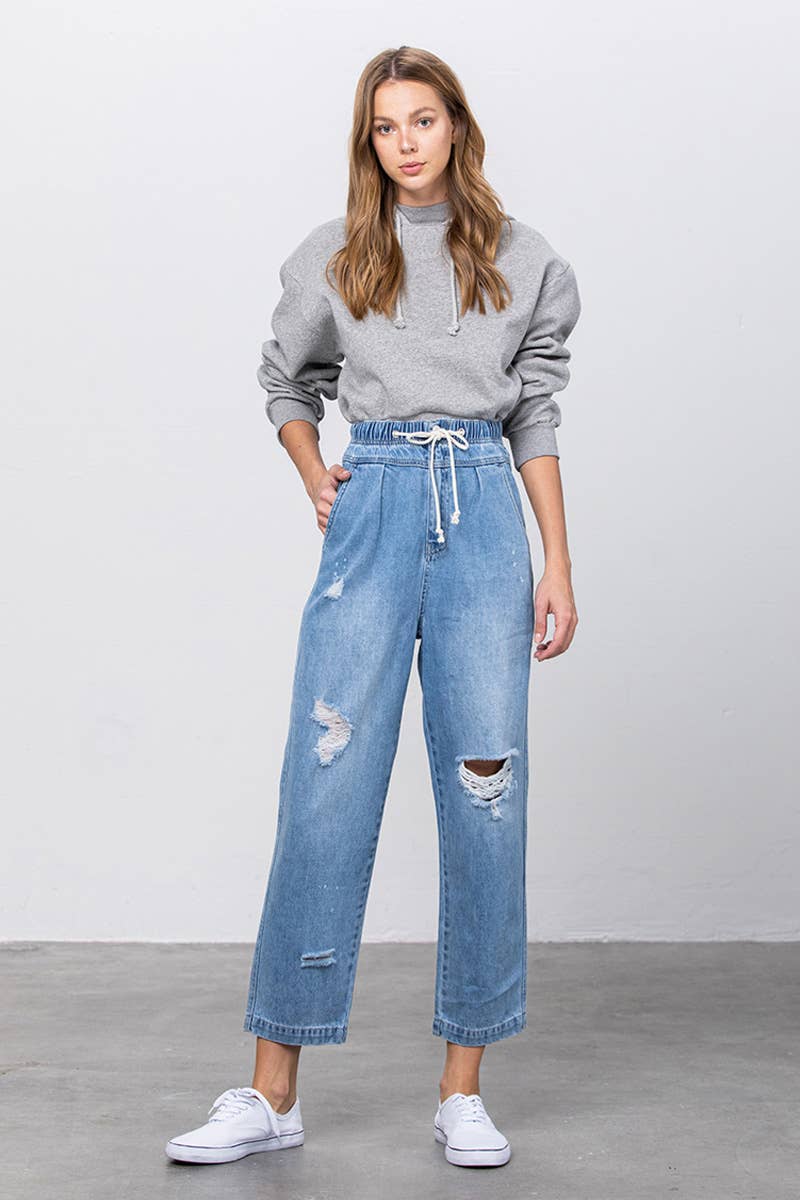 Super High Rise Elastic Waistband Distressed Slouch Jeans