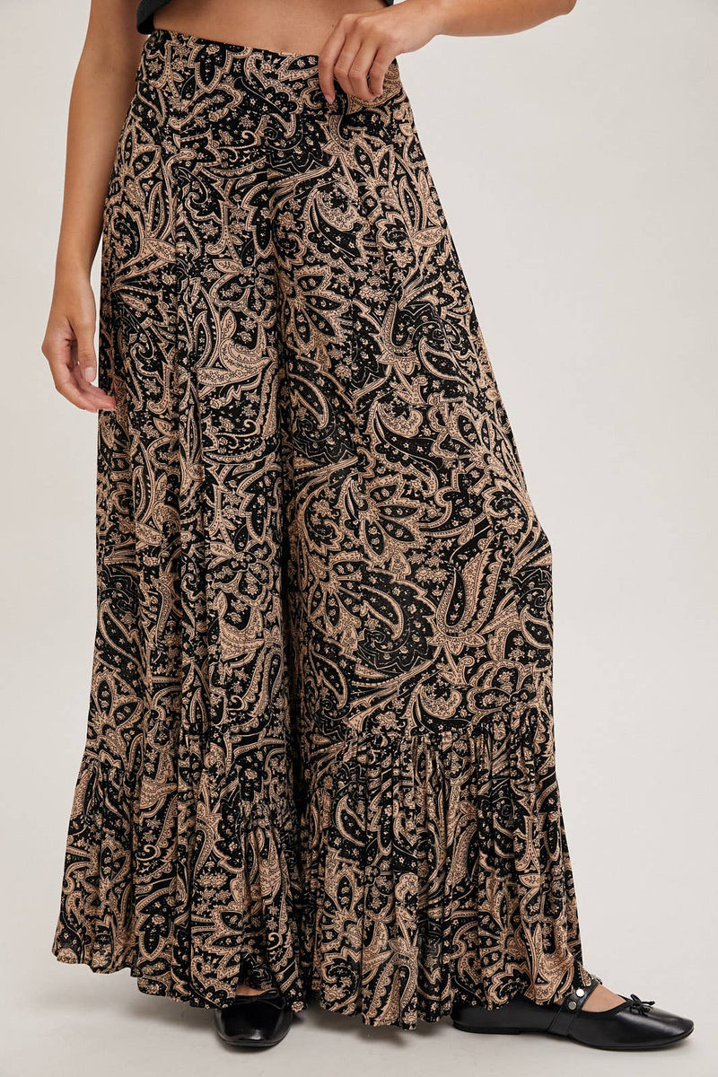 PAISLEY PRINT WIDE RUFFLED PANTS: Black