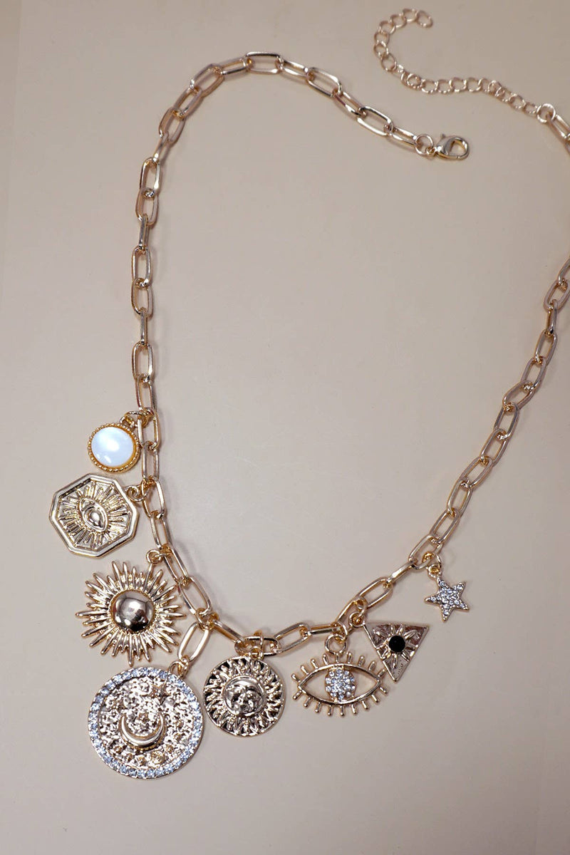 MULTI CHARM MIX SUN EVIL EYE LINK CHAIN NECKLACE