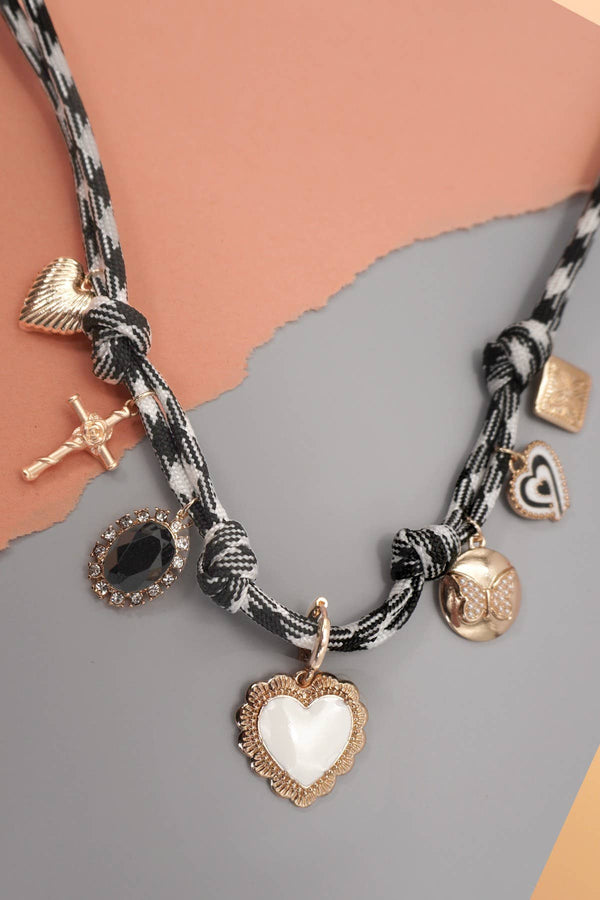 DOUBLE CORD CHARM NECKLACE - HEART CROSS STONE | 80N92318: GOLD