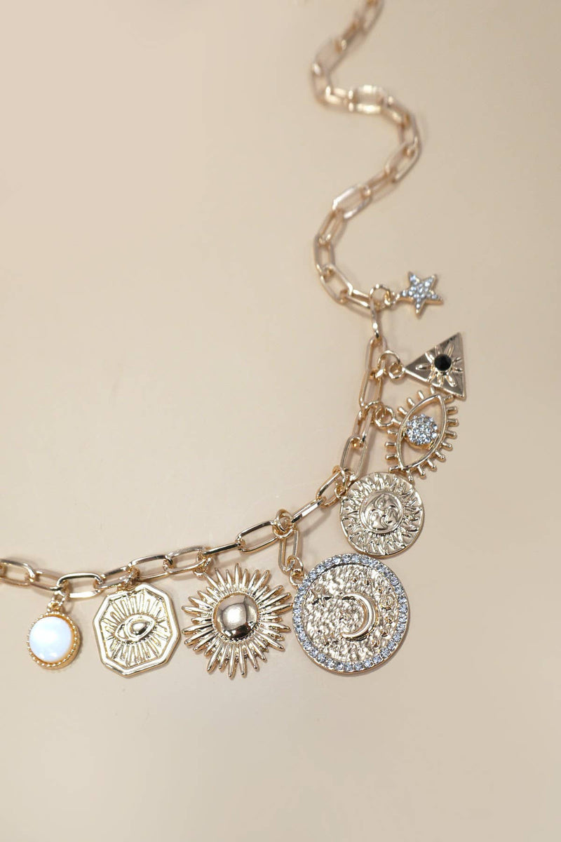 MULTI CHARM MIX SUN EVIL EYE LINK CHAIN NECKLACE