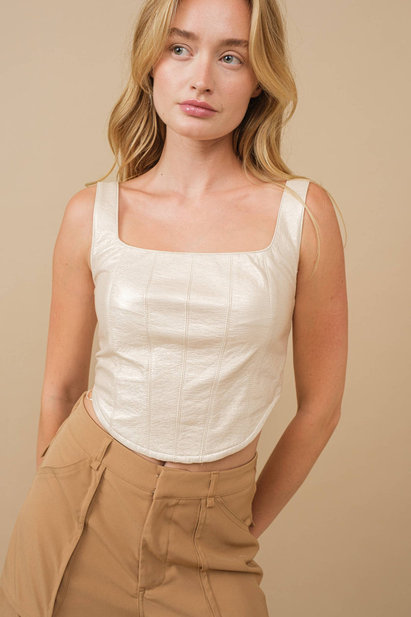Rimon Shiny Faux Leather Cropped Top