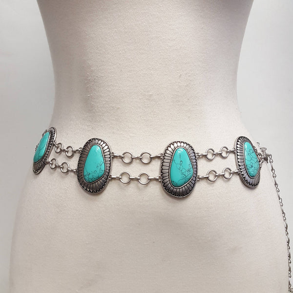 Silver Western Concho Double-Chain belt with stones
