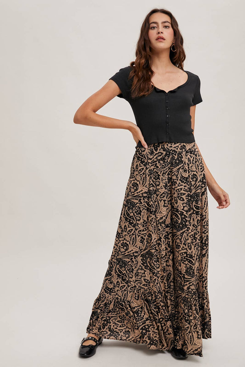 PAISLEY PRINT WIDE RUFFLED PANTS: Black