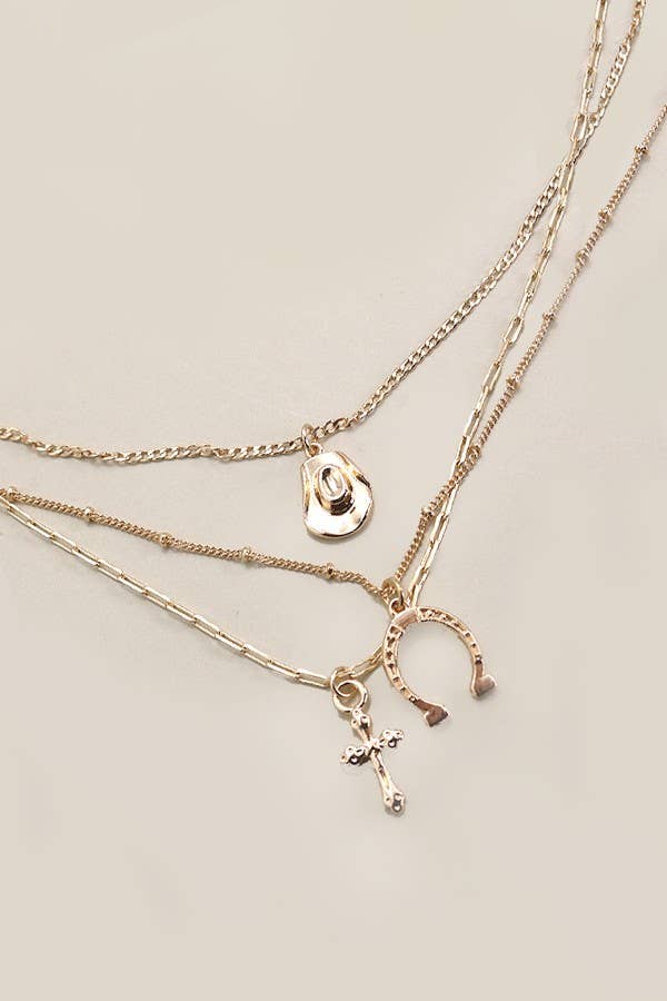 TRIO LAYER HORSESHOE HAT CROSS CAHRM NECKLACE