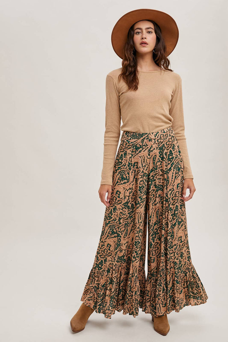 PAISLEY PRINT WIDE RUFFLED PANTS: Black