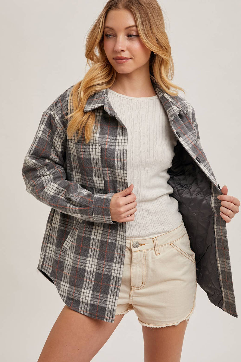 BUTTON DOWN SHIRT INNER QUILTED PLAID SHACKET