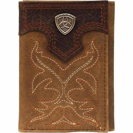Ariat Distressed Leather Trifold Wallet with Stitching and Concho