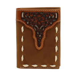 Ariat Trifold Floral Tooled Overlay Buck Stitch Medium Brown Wallet