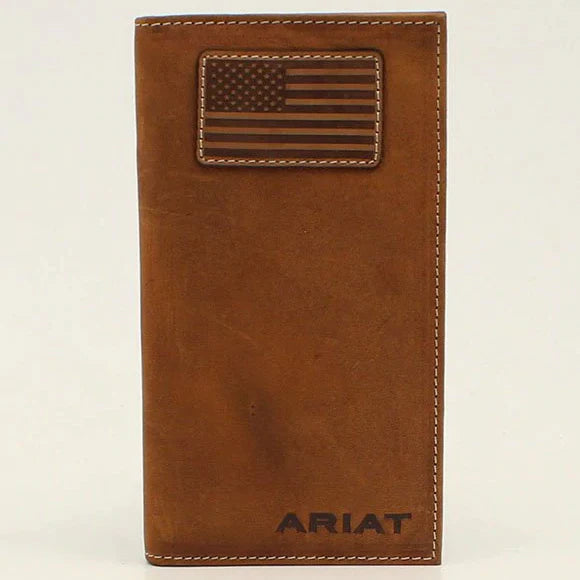 Ariat Men's Tan with Flag Patch Checkbook / Rodeo Wallet