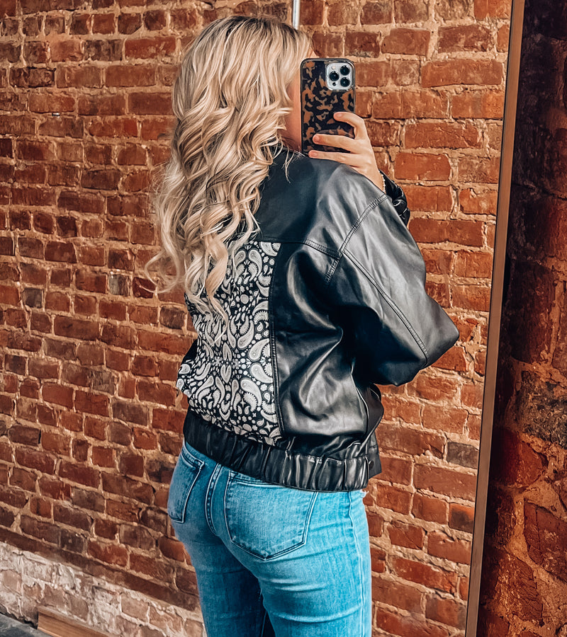 Paisley Print Faux Leather Jacket