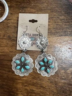 Stamped Double Earring Sterling Silver and Turquoise Earrings